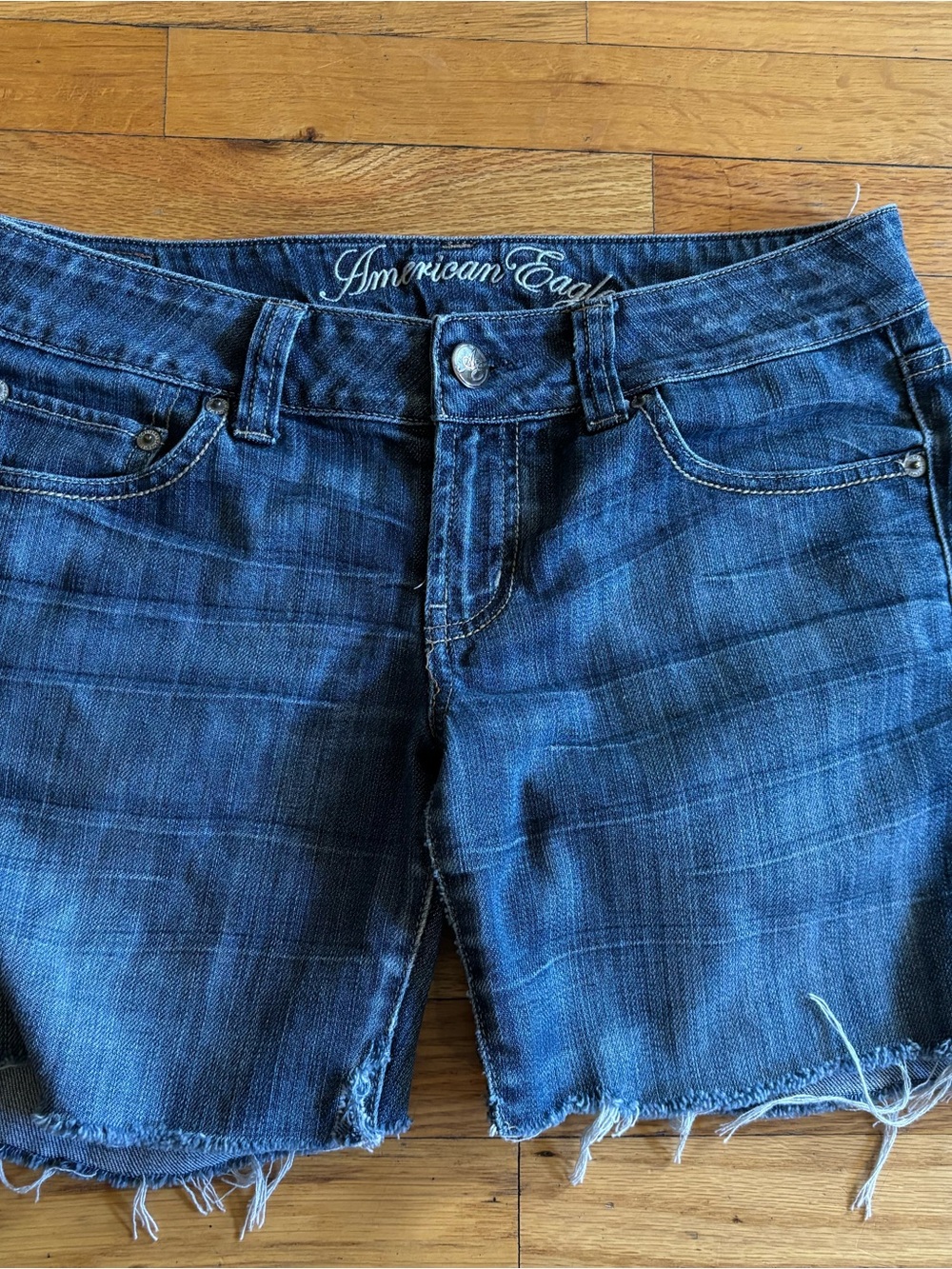 American Eagle Outfitters Women's Dark Blue Distressed Denim Shorts